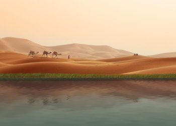 oasis, desert, caravan