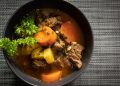 dish, beef stew, flatlay