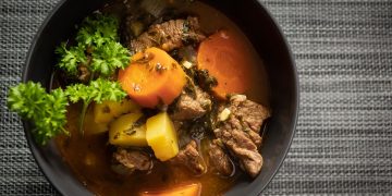 dish, beef stew, flatlay