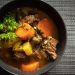 dish, beef stew, flatlay